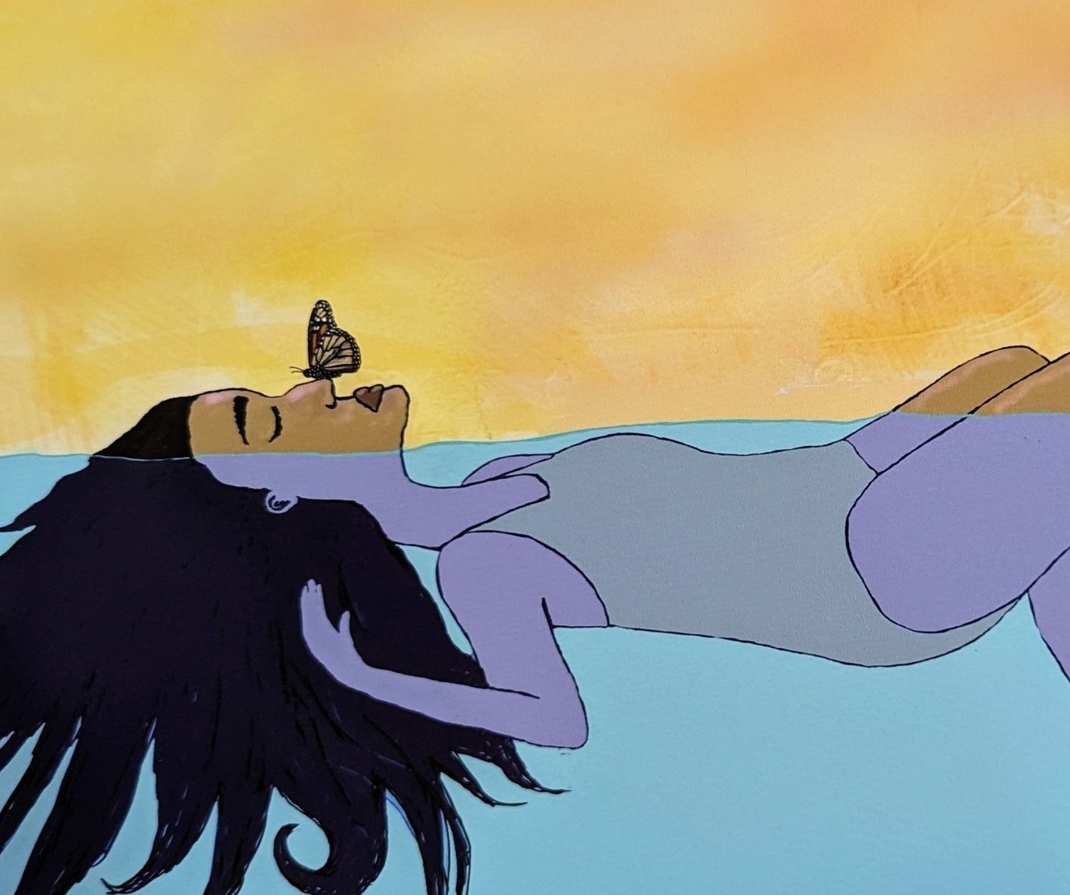 Original painting: a woman floating in blue water beneath a golden sky, a butterfly resting on her nose