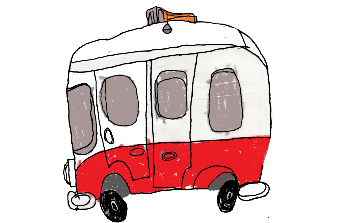 Child's drawing of a red and white bus