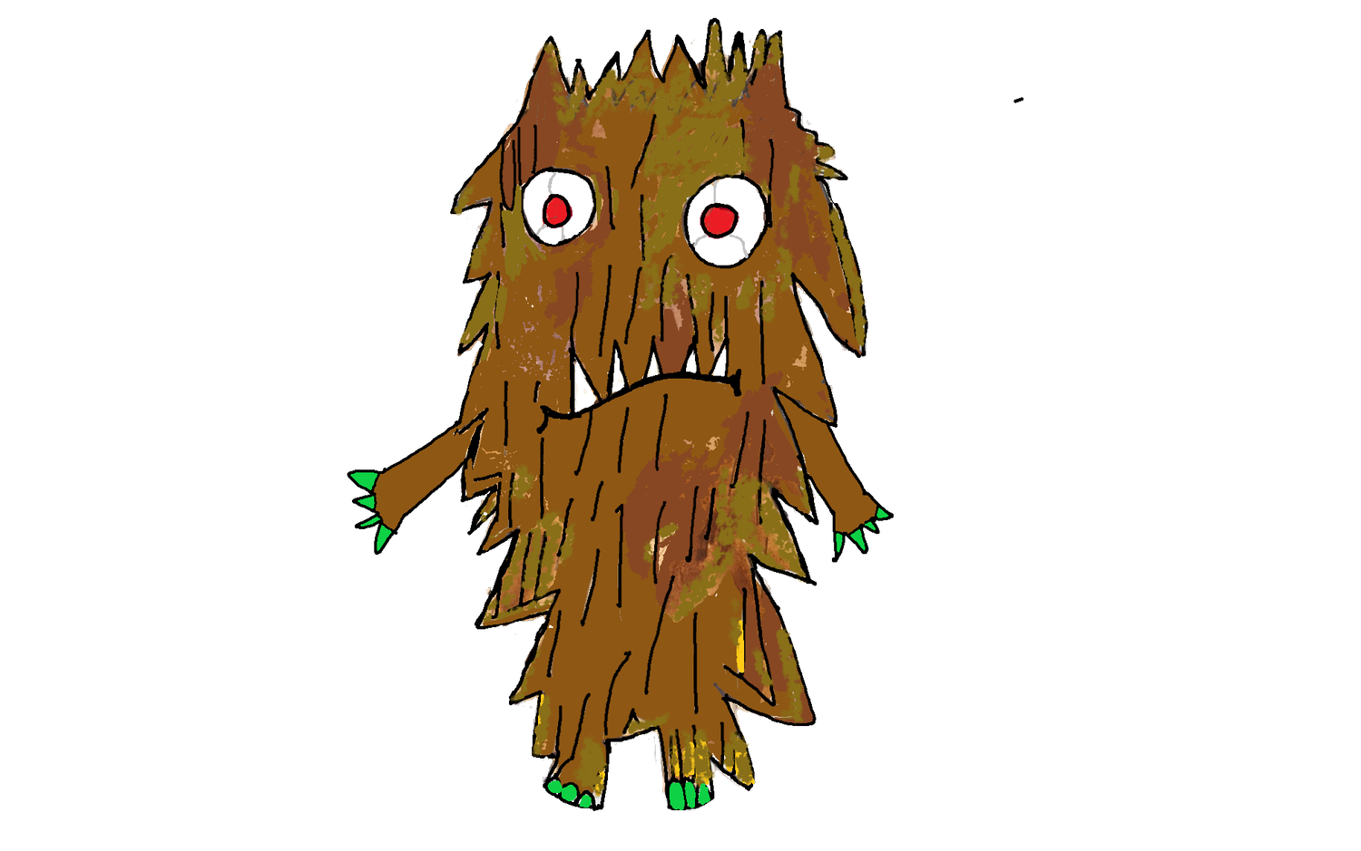 Child's drawing of a furry brown monster with big eyes
