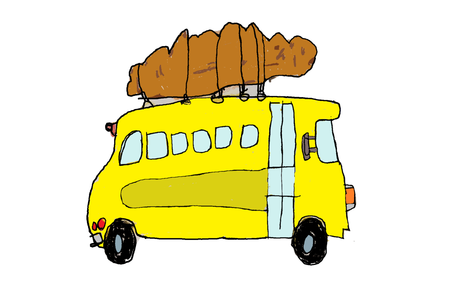 Child's drawing of a yellow bus carrying luggage on its roof
