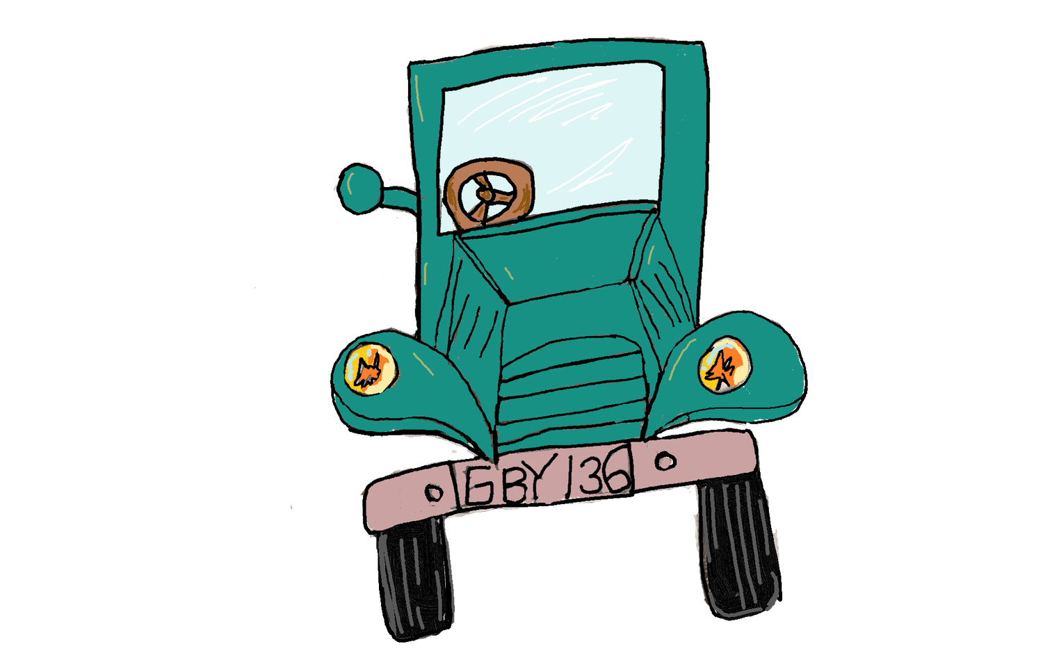 Child's drawing of a teal vintage truck