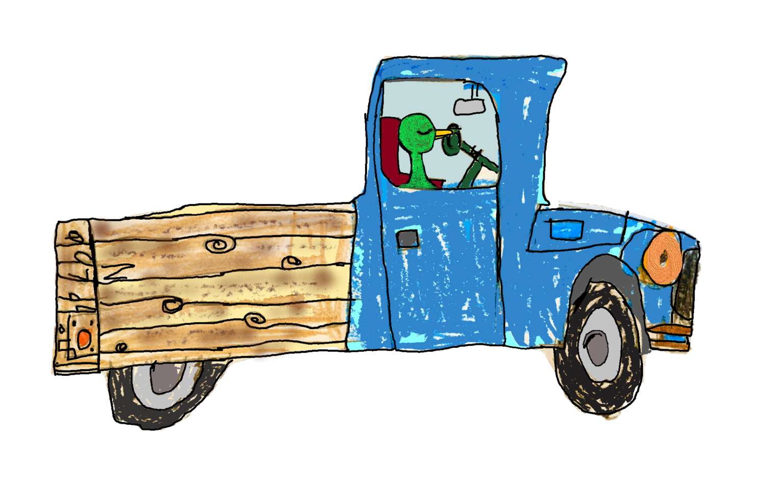 Child's drawing of a blue pickup truck with a driver